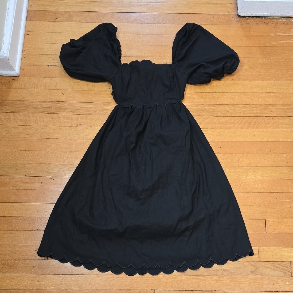 NWT, o.p.t., Puff Sleeve Scalloped Midi Dress, Black, Women's M